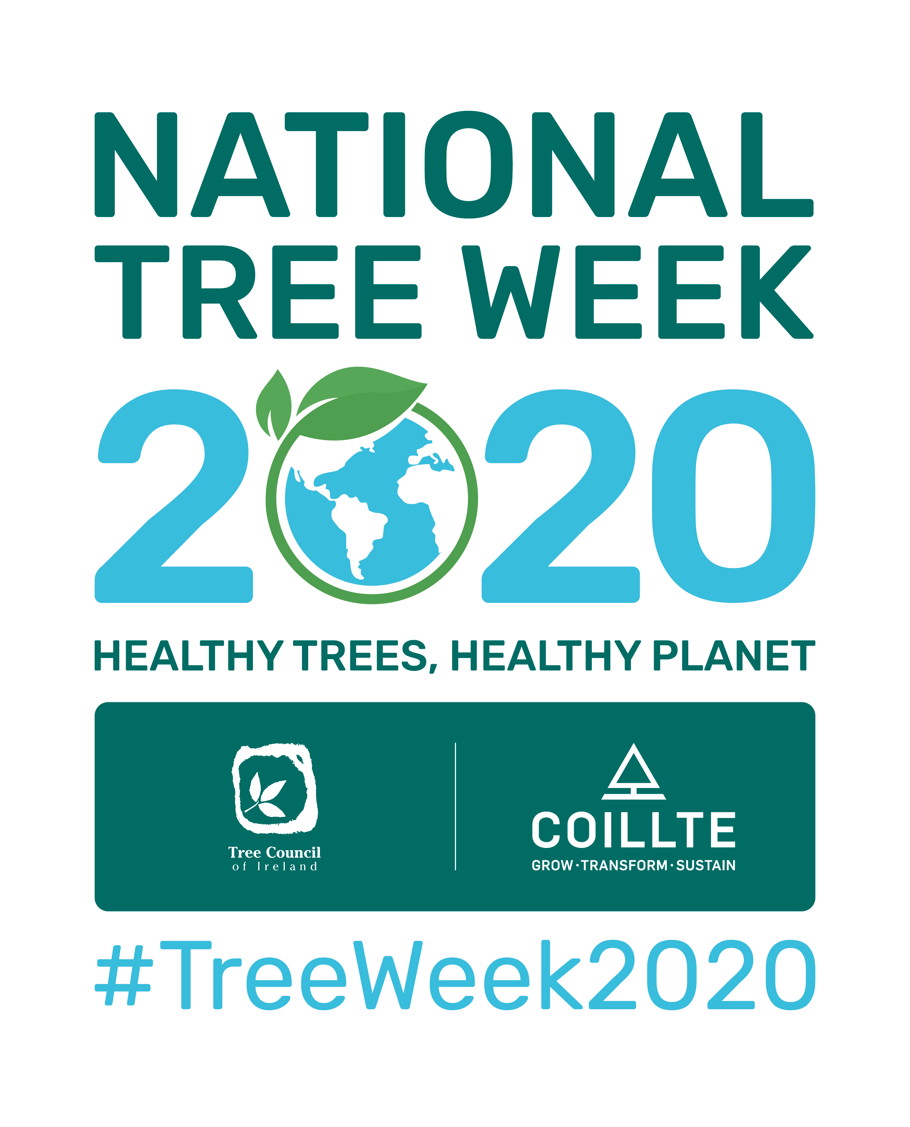 Logo showing national tree week 2020; sponsored by Coillte in partnership with the tree council of Ireland; the theme is healthy tree healthy planet