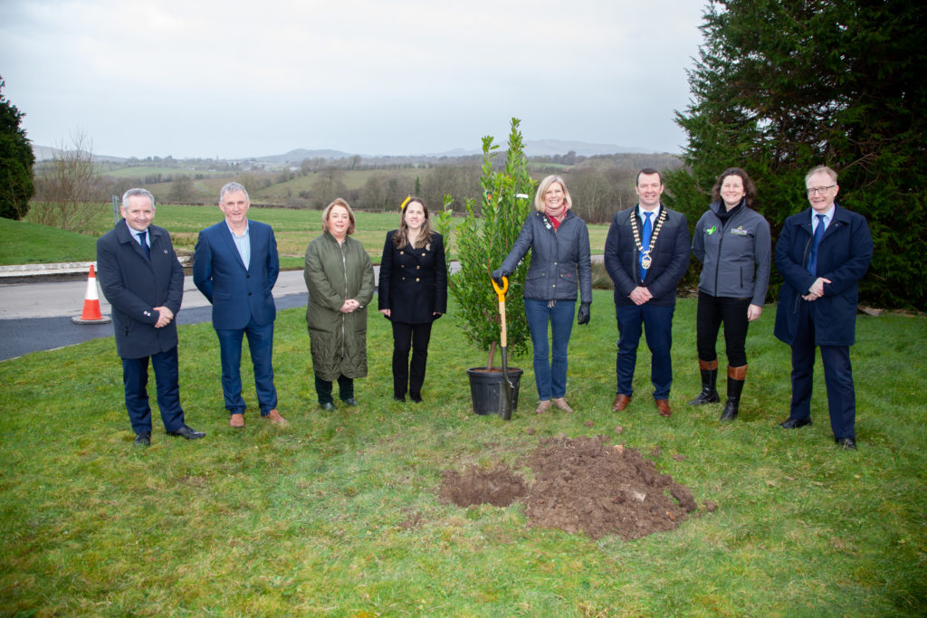 Group of people about to plant a tree standing in line