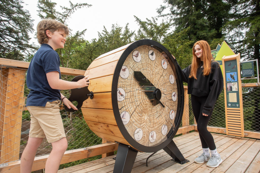 Kids playing with large clock that shows birds instead of numbers on its face