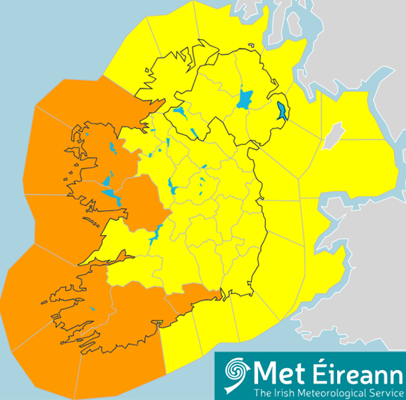 Map of Ireland showing Counties Cork, Kerry, Mayo, waterford and Galway along the west and south coast coloured orange for a wind weather warning