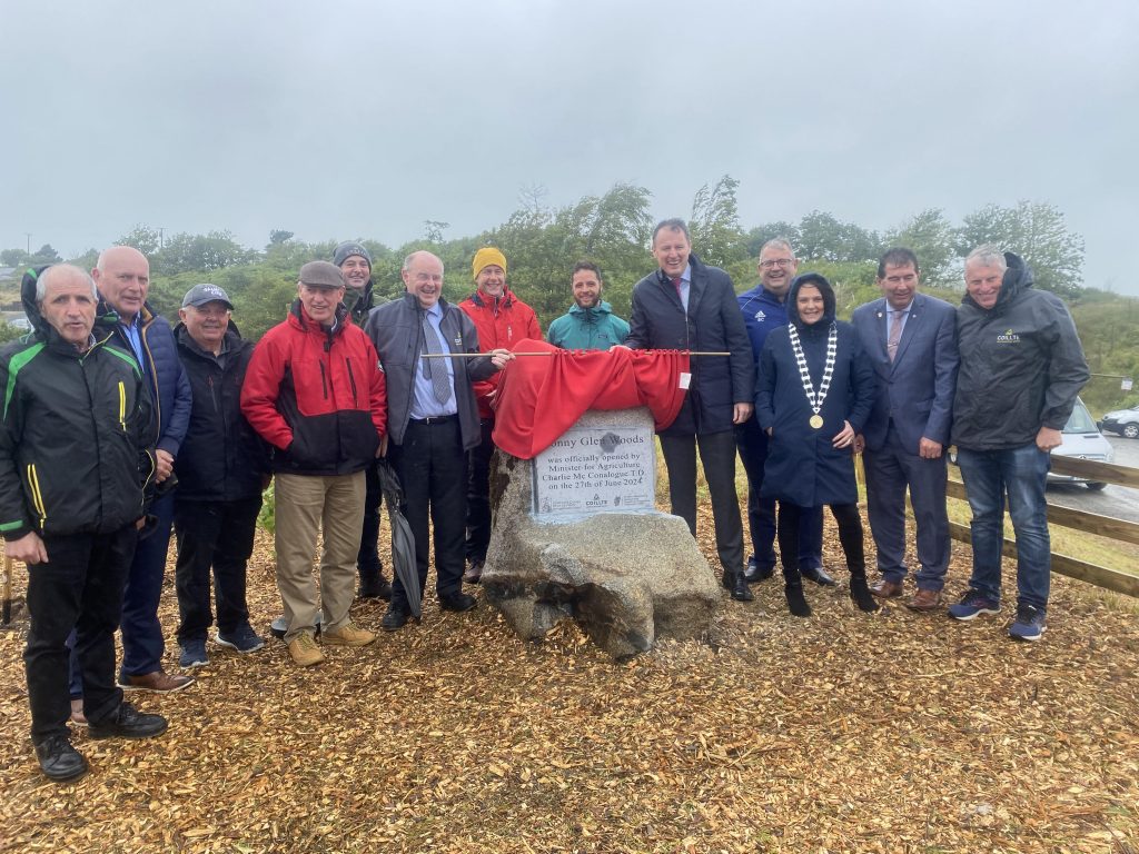 Group of people unveiling a plaque mounted to a large stone at a forest entrance